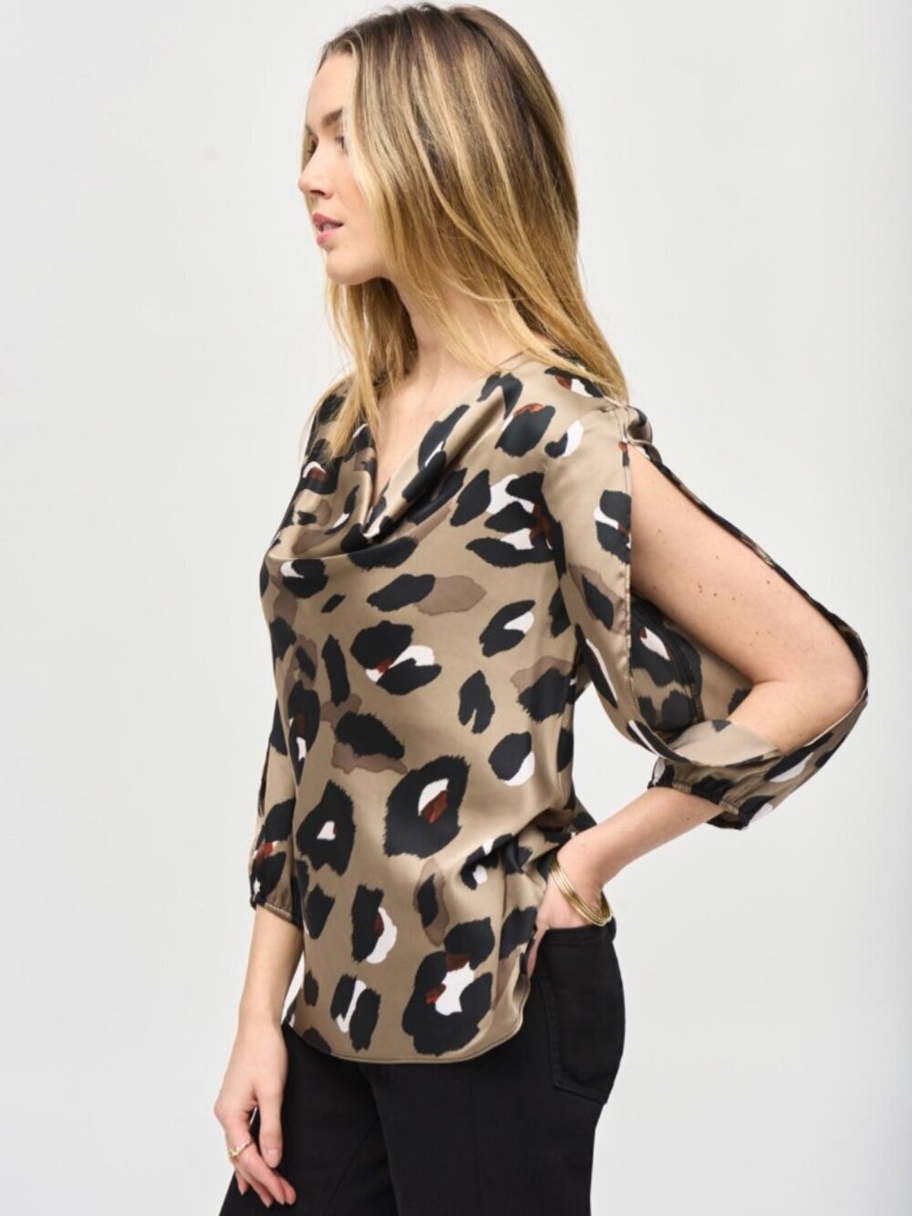 JOSEPH RIBKOFF NWT Satin Leopard Animal Print Cowl Neck Blouse 10